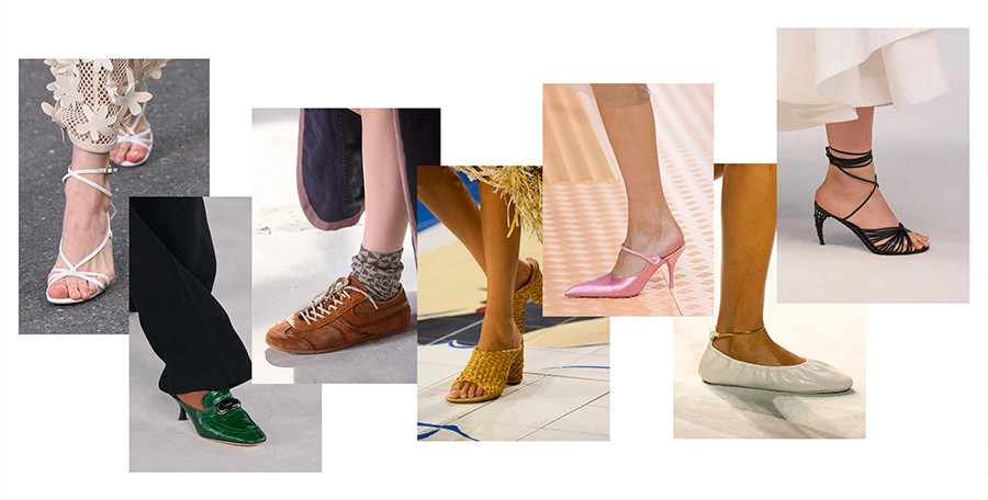 Variety of fashionable shoes displayed on a shelf.