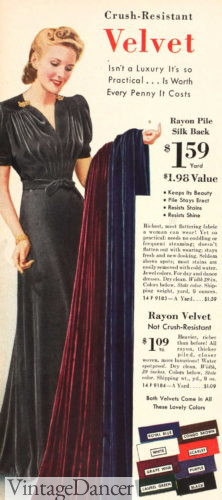 alt text: A black velvet evening gown from the early 1940s illustrating the use of luxurious fabrics in 1940's evening wear.