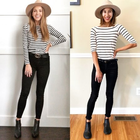 alt text: A side-by-side comparison of a woman wearing traditional black Chelsea boots and stylish barefoot black leather Chelsea boots.