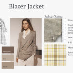 Fashion lookbook example showcasing blazer jacket design, fabric swatches, design sketch, and color palette for a cohesive visual presentation.