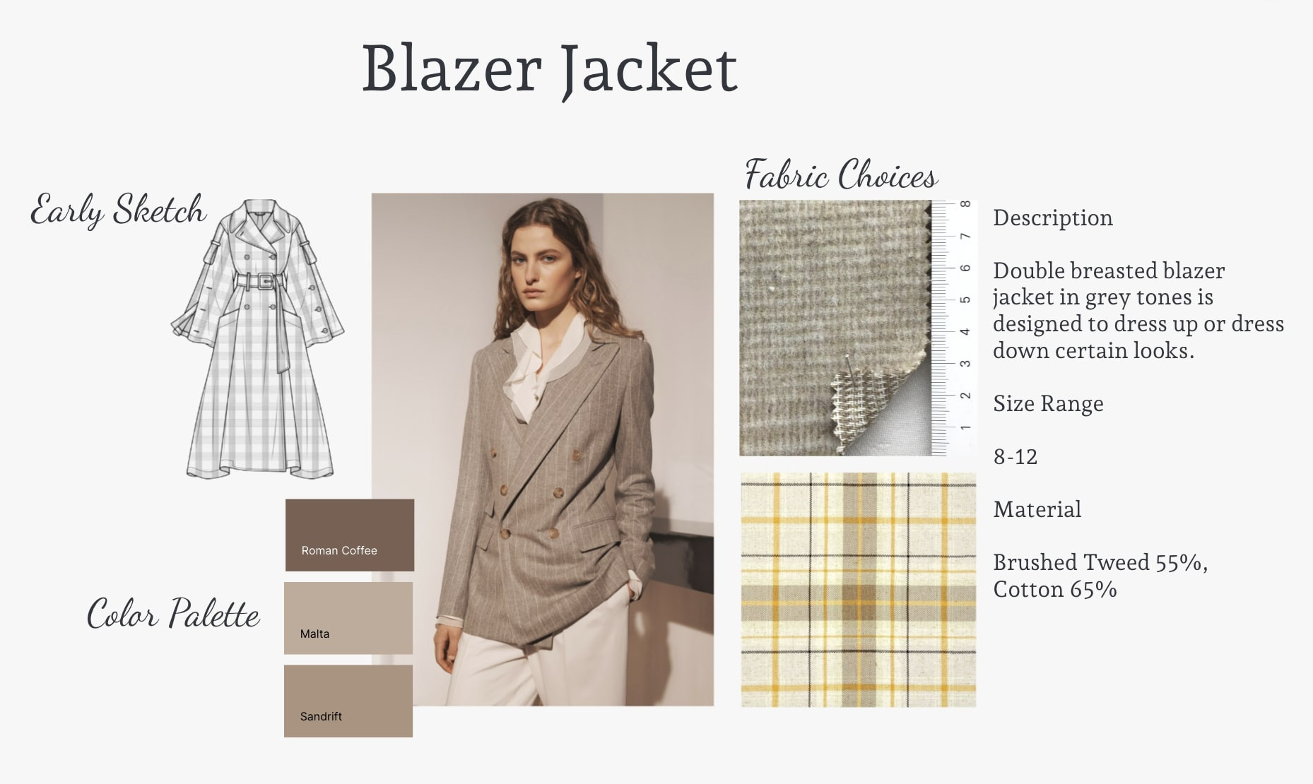 Fashion lookbook example showcasing blazer jacket design, fabric swatches, design sketch, and color palette for a cohesive visual presentation.