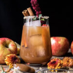 alt text: a close-up image of an apple butter old fashioned cocktail in a rocks glass, garnished with a cinnamon stick and apple slices.