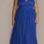 Light blue tulle A-line prom dress with sheer skirt.