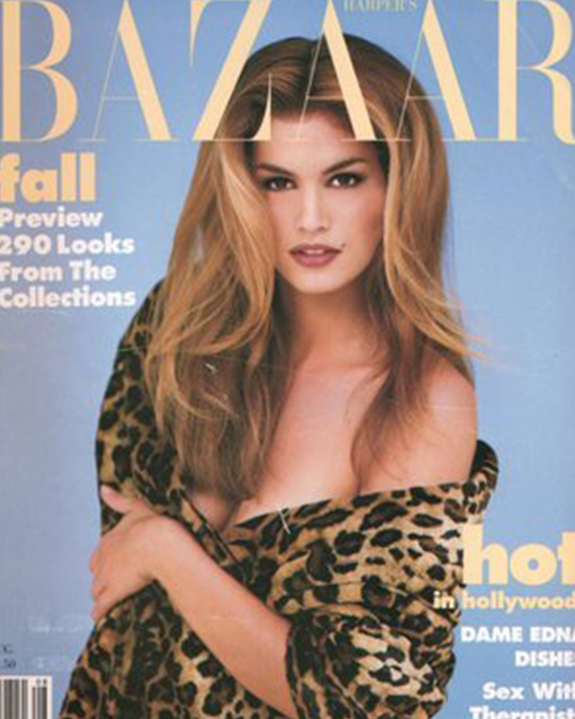 Cindy Crawford in a leopard print coat on the cover of Harper's Bazaar, August 1992.