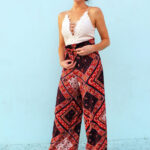 DIY printed palazzo pants with drawstring, showcasing creative sewing and fabric design.