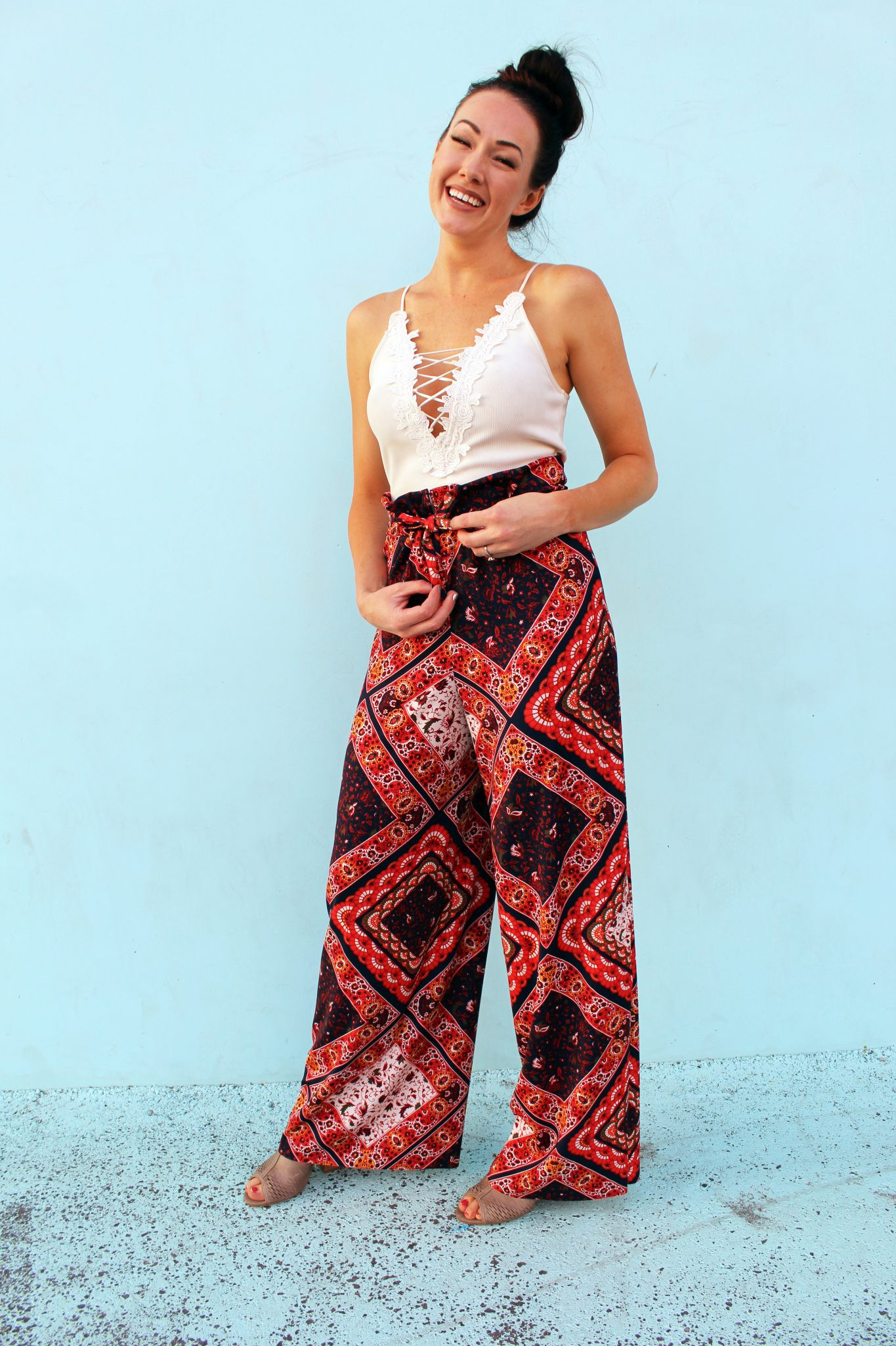 DIY printed palazzo pants with drawstring, showcasing creative sewing and fabric design.