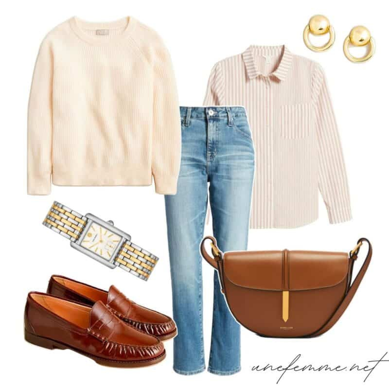 Easy classic casual outfit idea with a striped shirt, cashmere crewneck, jeans, loafers and gold jewelry.