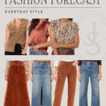 alt text: Fall fashion trends collage featuring wide-leg jeans, cropped jackets, skirts, vests, and Breton stripes.