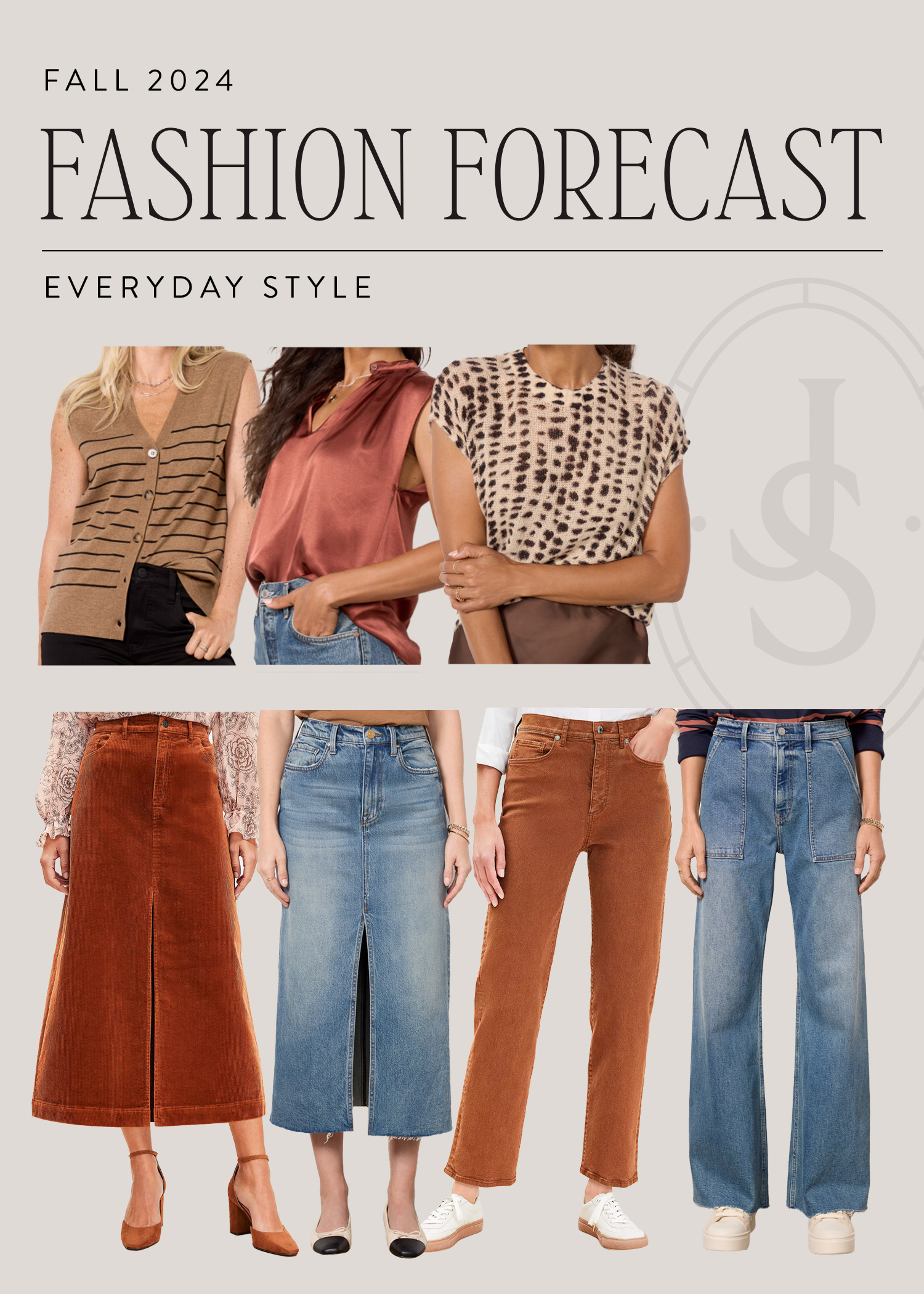 alt text: A collage of fashionable women's fall outfits featuring wide-leg jeans, cropped jackets, skirts, vests, and Breton stripes.