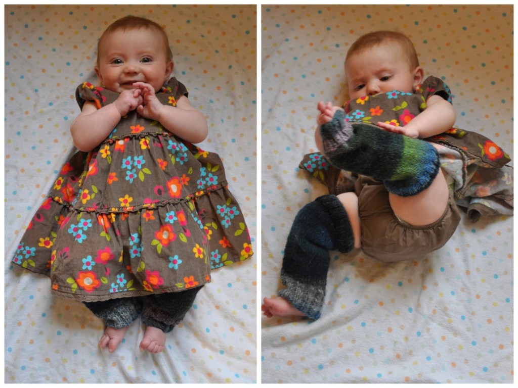 Baby girl in knit leggings and floral top, a casual baby fashion dress option.