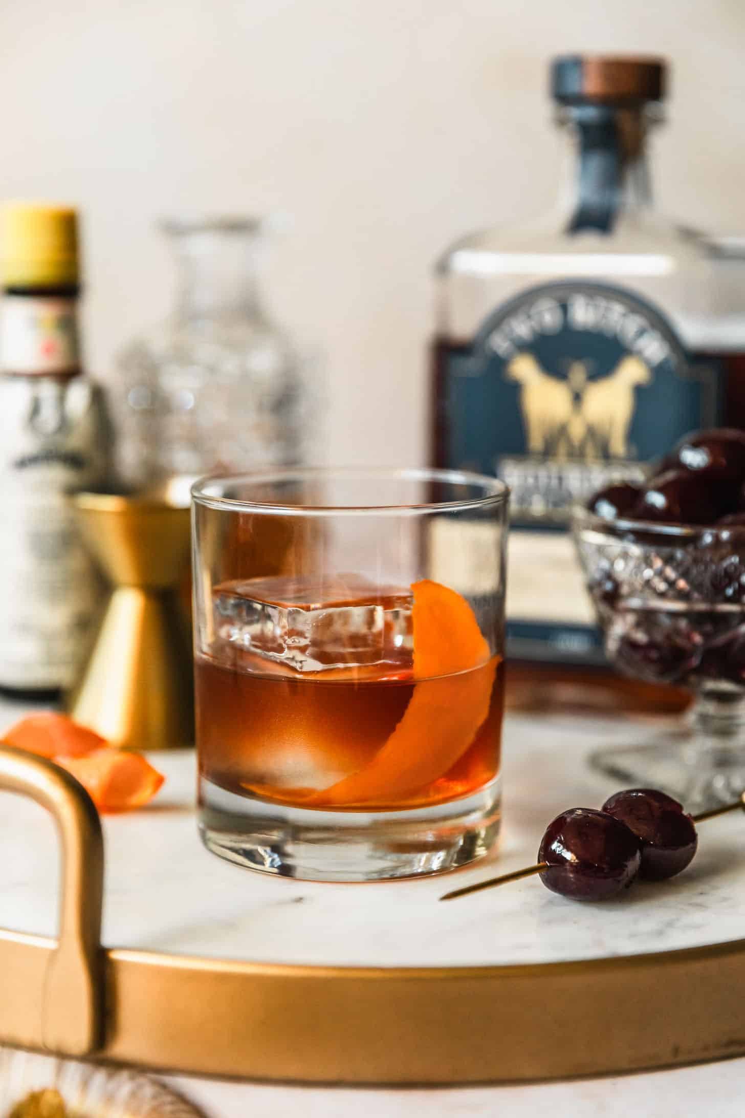 A freezer door old fashioned on a marble tray.