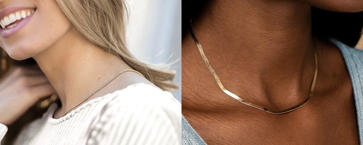 Two young girls showcasing gold chain necklaces, one wearing a rope chain and the other a snake chain, highlighting current trends in fashion necklaces for girls.