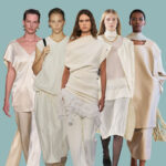 Collage of Spring/Summer 2025 runway looks featuring models in various cream-colored outfits.