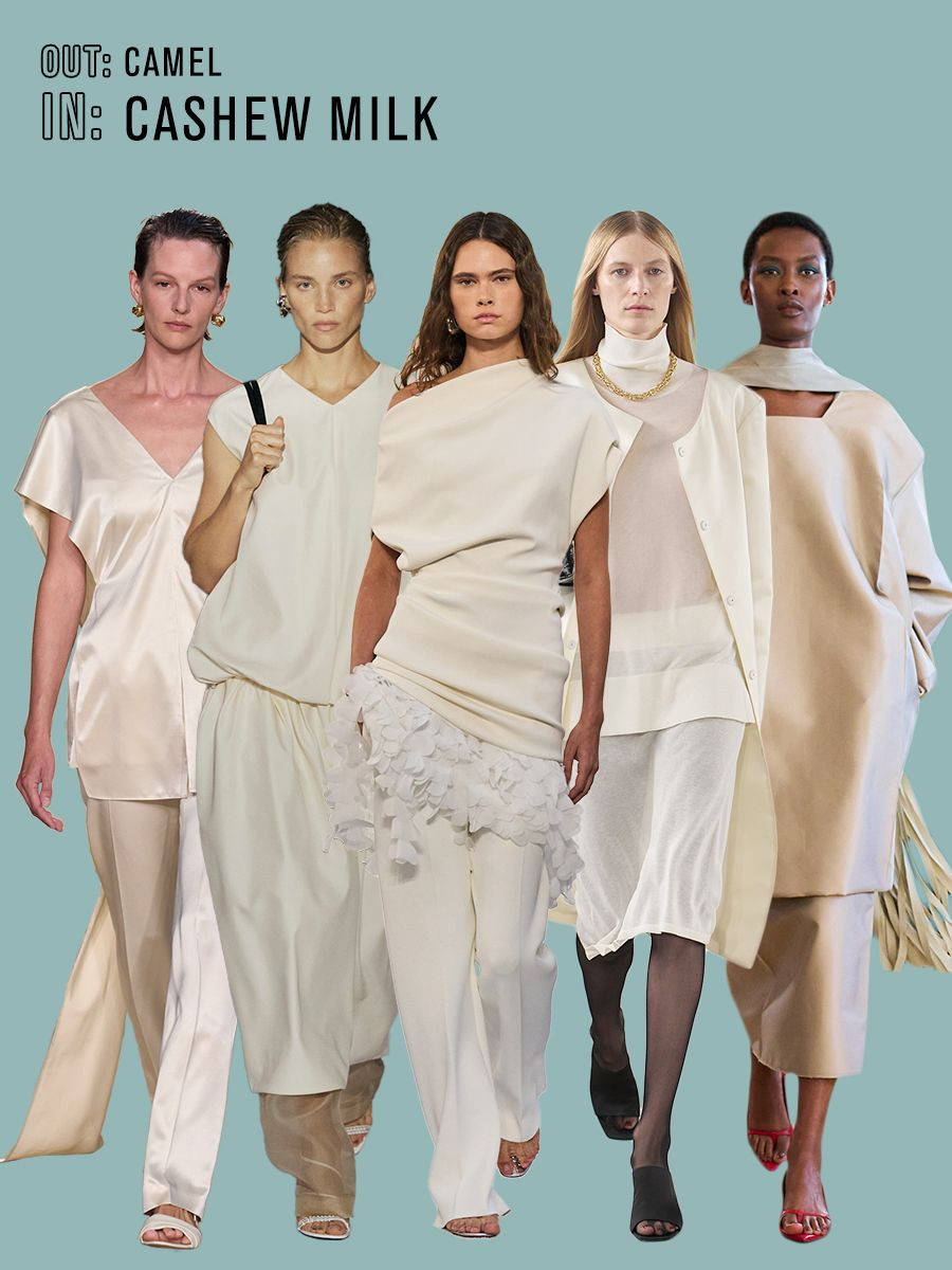 Collage of Spring/Summer 2025 runway looks featuring models in various cream-colored outfits.