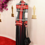 Andrea Riseborough in a Loewe tartan print gown at the 2024 Oscars.