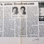 Newspaper clipping from 1999 detailing the Broadcast.com Victoria's Secret fashion show stream failure, highlighting the overwhelmed servers and early internet video streaming challenges.