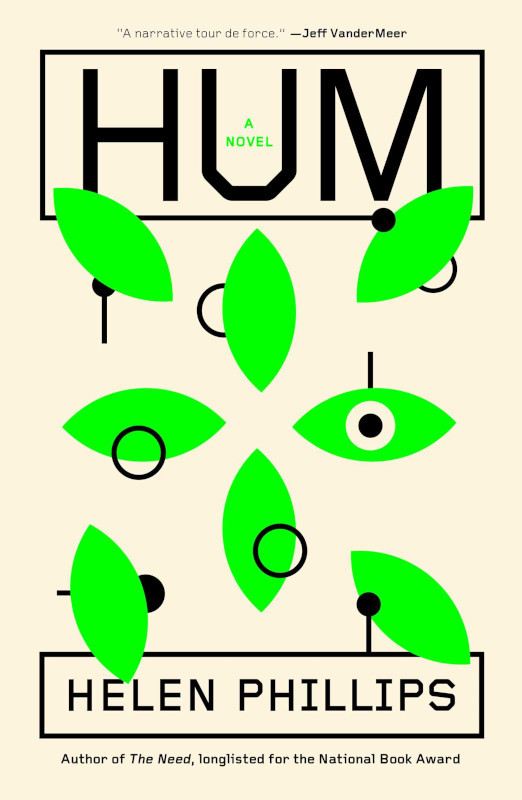 alt text: The book cover of "Hum" by Helen Phillips featuring a woman's face partially obscured by digital noise.