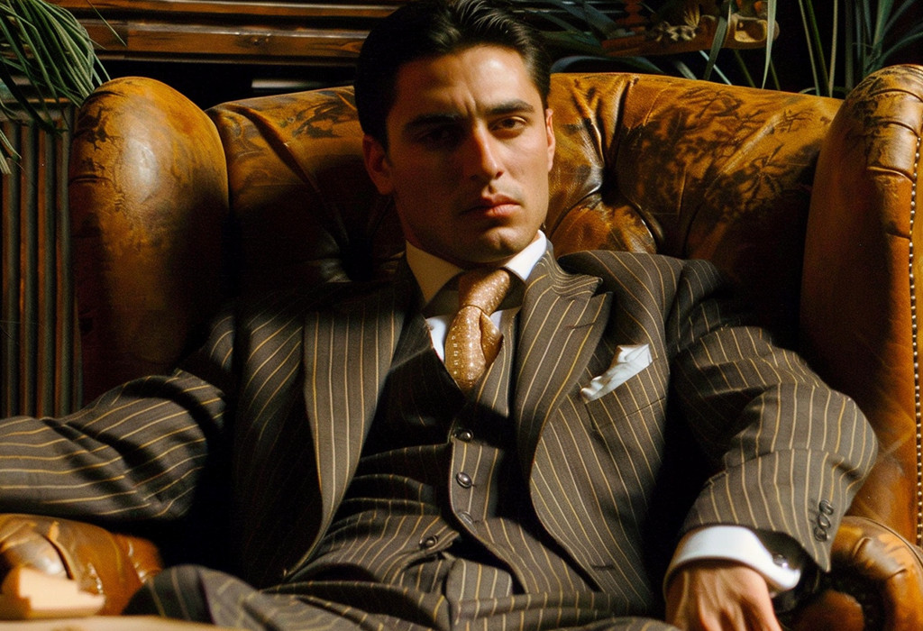 Suave man in Italian pinstripe suit, embodying classic mafia fashion, seated in leather chair.