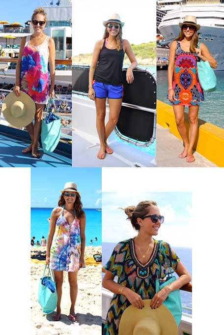 Stylish swimwear and cover-ups laid out for a cruise vacation, showcasing essential fashion items for a tropical fashion carnival cruise experience.