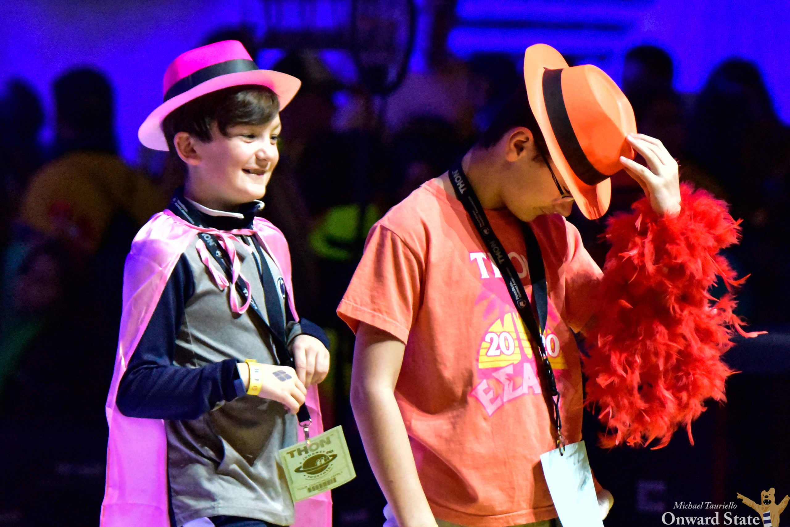 Kids in vibrant outfits and hats at THON 2020 Kids Fashion Show