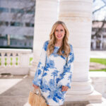 Tara Thorsen in a blue and white mini dress