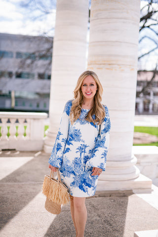 Tara Thorsen in a blue and white mini dress