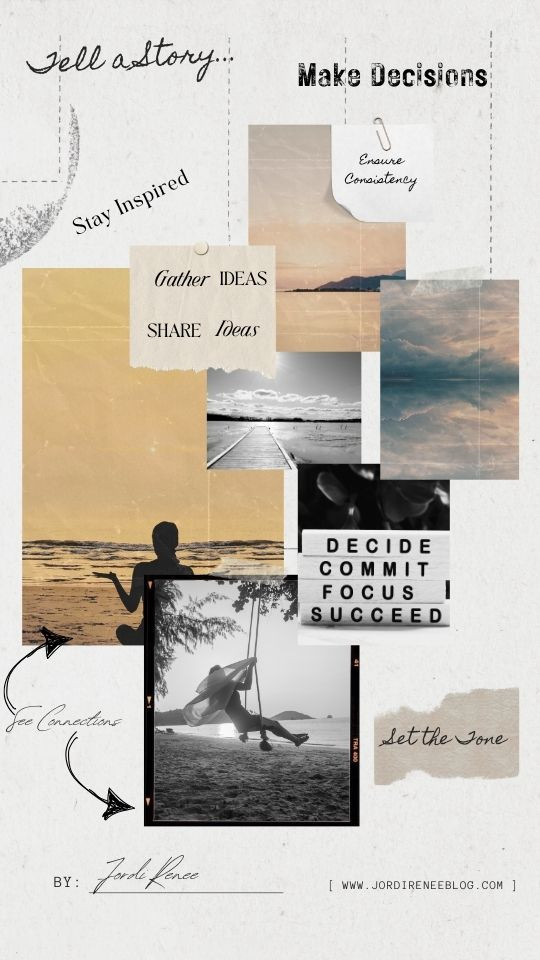 Moodboard example showcasing various elements like textures, colors and inspirational quotes.