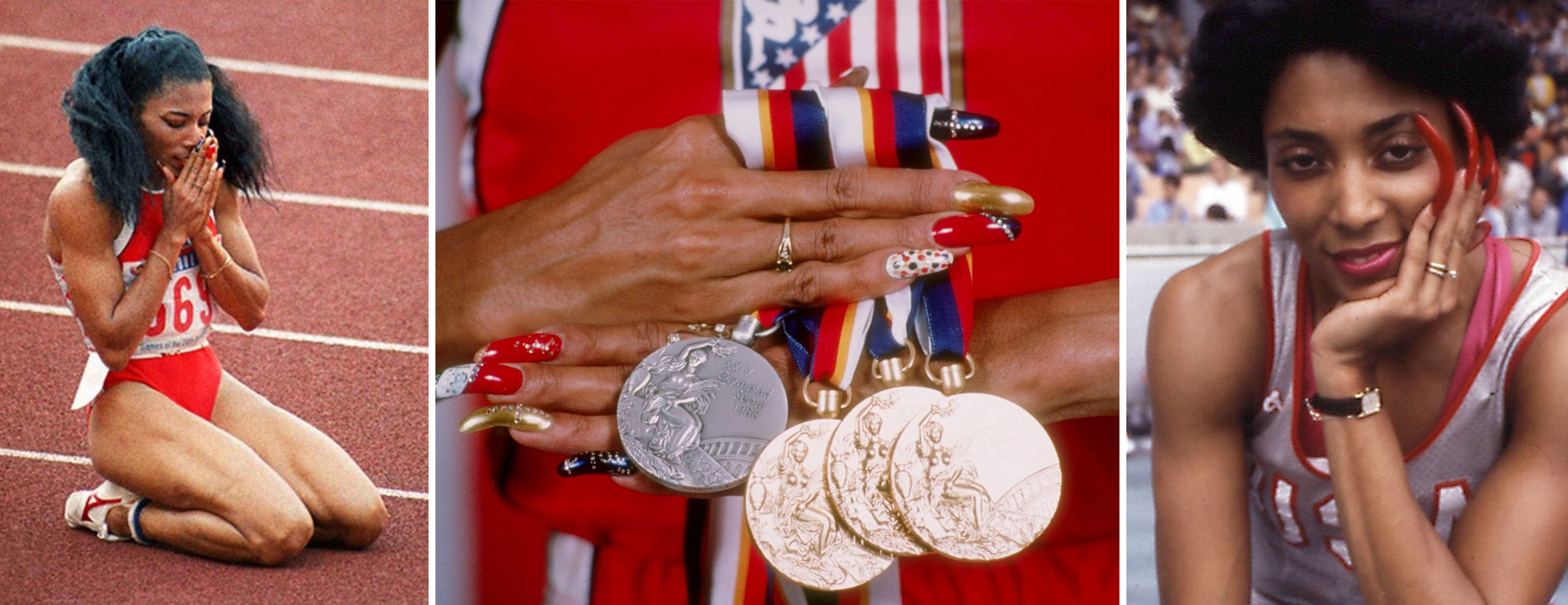 Close-up shot of Florence Griffith Joyner (Flo Jo) showcasing her long, vibrant, and uniquely decorated acrylic nails while competing, highlighting the athlete's iconic nail style in the 1980s black fashion and sports scene.