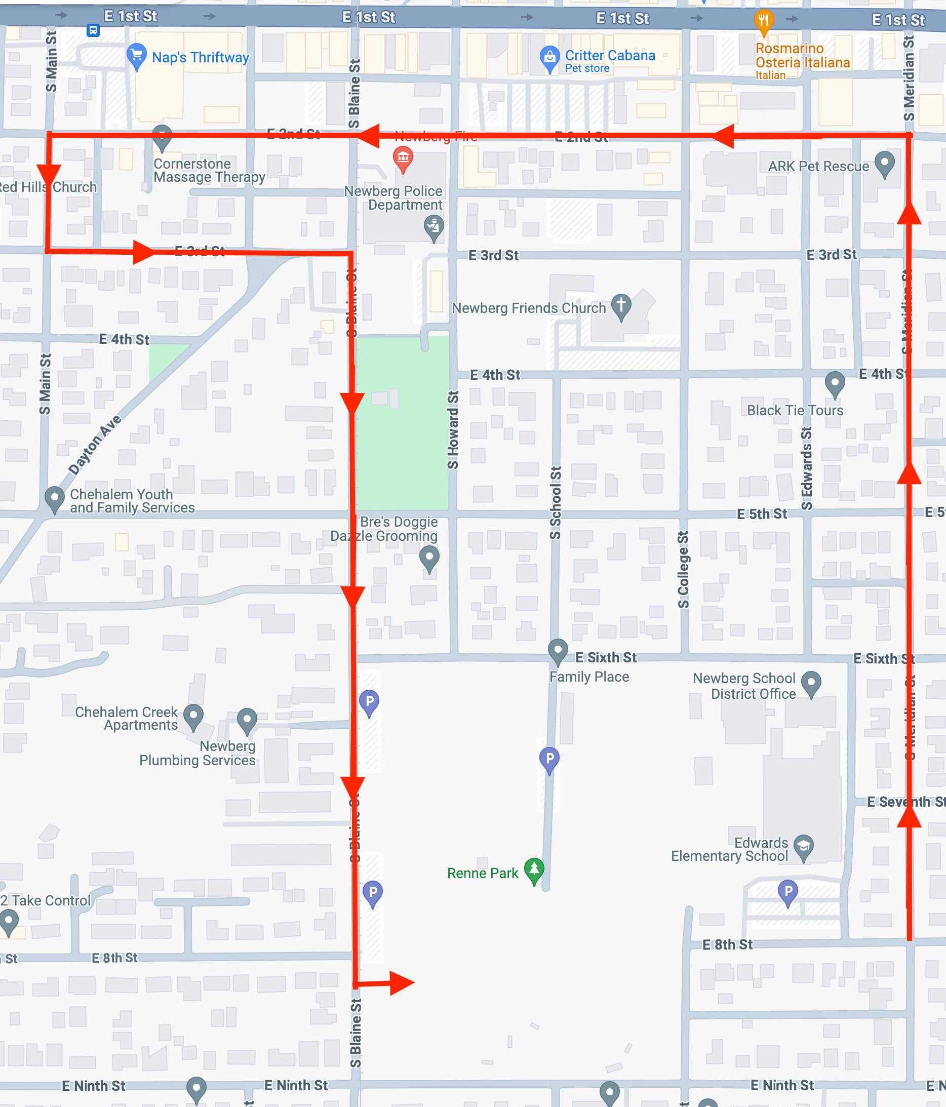 The Newberg Old Fashioned Festival Parade route map outlines the procession's path through the town. Image source: Newsberg.