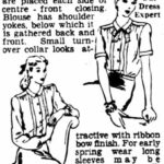 Alt text: A newspaper clipping with a sketch of a woman wearing a two-piece dress with a fitted jacket and a slim skirt.