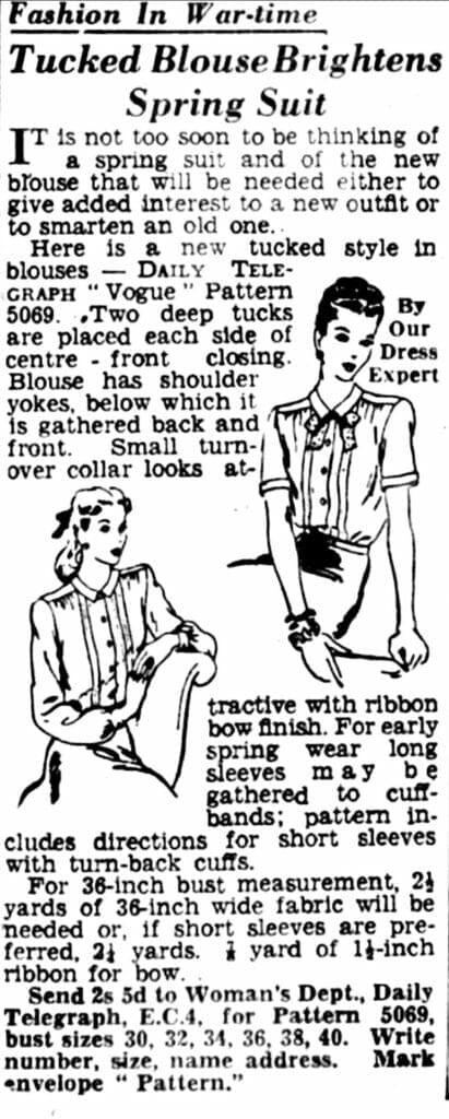 Alt text: A newspaper clipping with a sketch of a woman wearing a two-piece dress with a fitted jacket and a slim skirt.