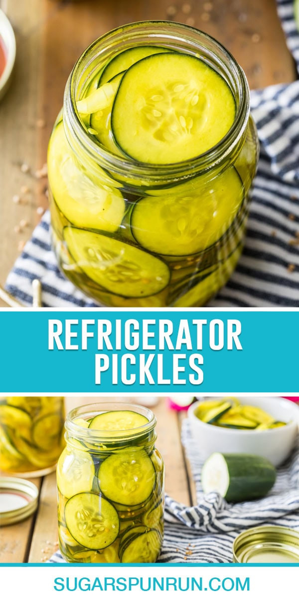 collage of refrigerator pickles, top image close up photographed from above, bottom image of jar filled photographed at the side.