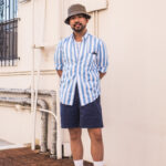 Man wearing a button down shirt, shorts, loafers, and patterned socks for a relaxed smart casual summer style