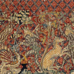 Detail of a medieval tapestry depicting men fighting a dragon and a unicorn, showcasing intricate weaving techniques and vibrant colors.