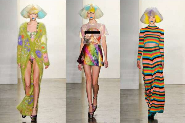 Models wear different multi-colored outfits on the runway