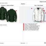 Men's plaid shirt specification sheet detailing measurements and construction notes