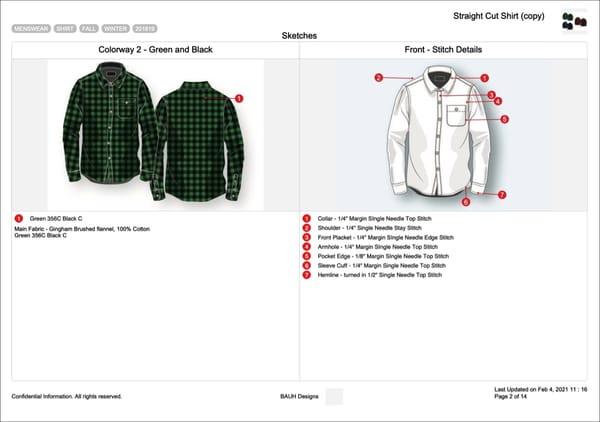 Men's plaid shirt specification sheet detailing measurements and construction notes