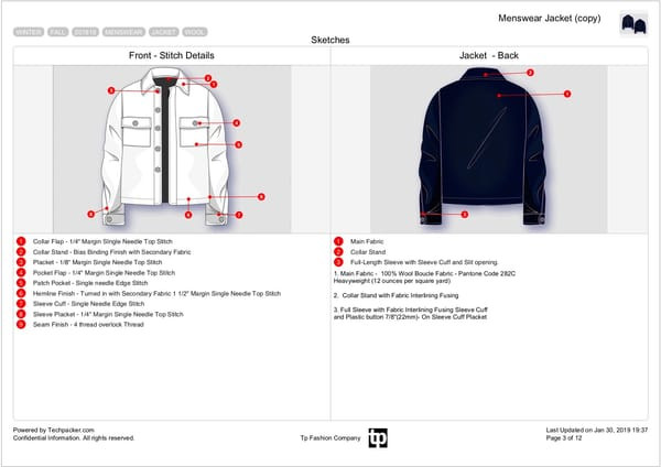 Detailed tech pack sheet showcasing stitch specifications for fashion production