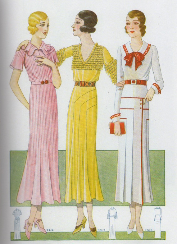 Three afternoon dresses from 1931, showcasing typical styles of 1930s fashion for ladies.