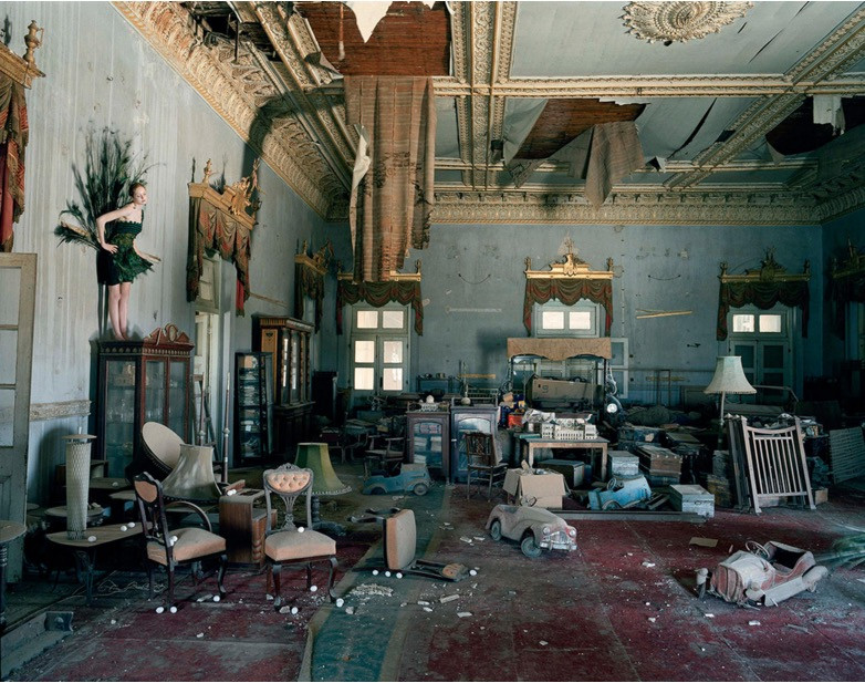 Lily Cole amidst earthquake damage in Wadhwan India, Vogue fashion editorial, highlighting resilience and beauty in Indian fashion