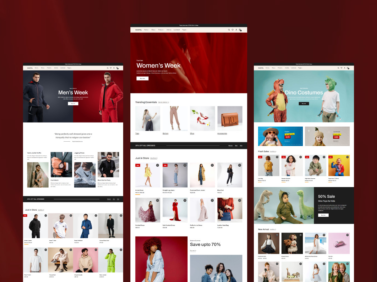 Vastra fashion theme homepage options for men, women and children's fashion.