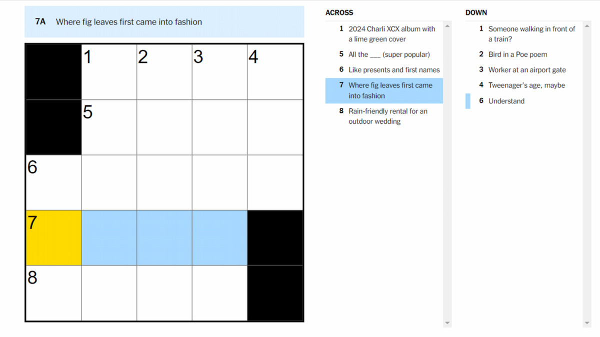 NYT Mini Crossword puzzle highlighting the "Where fig leaves first came into fashion" clue.