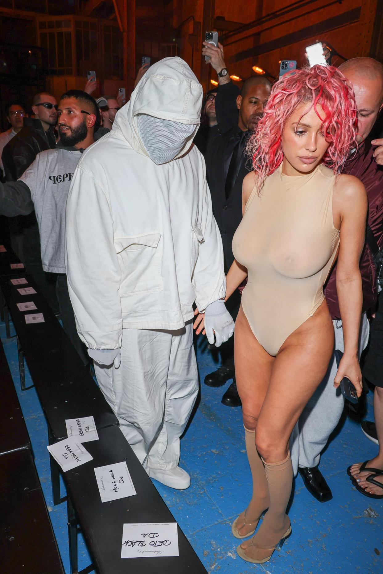 Bianca Censori bold bob hairstyle of pink curls Peter White/Getty Images