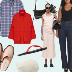 collage of spring fashion items to shop, including shoes, jackets, jeans, and accessories