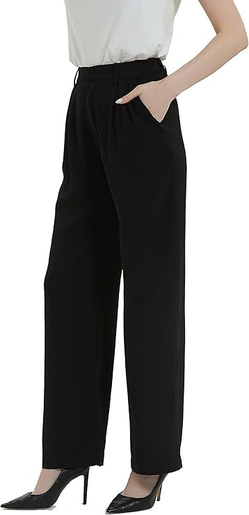 1950s Pants: Cigarette, Capri, Jeans Fashion History Tronjori Women High Waist Casual Straight Leg Long Dress Pants Wide Leg Trousers Regular Waistband AT vintagedancer.com