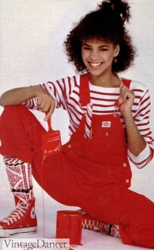 80s fashion trend for red denim overalls