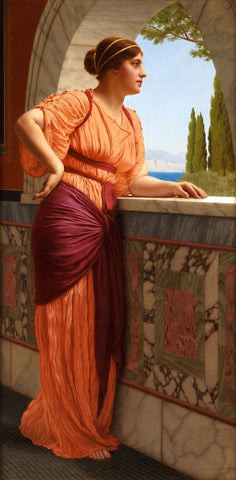 At the Window by John William Godward. Dated 1920. M.S. Rau. A painting showcasing a woman in flowing white ancient Roman dress