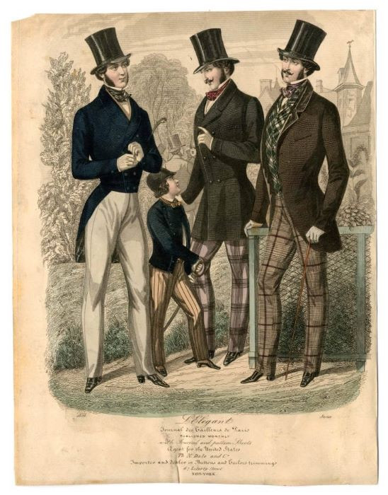 An 1852 fashion plate showing, from left to right, a tailcoat, frock coat, and morning coat, highlighting the slim silhouette of the early 1850s, with a focus on tailored fits and distinctive coat styles.