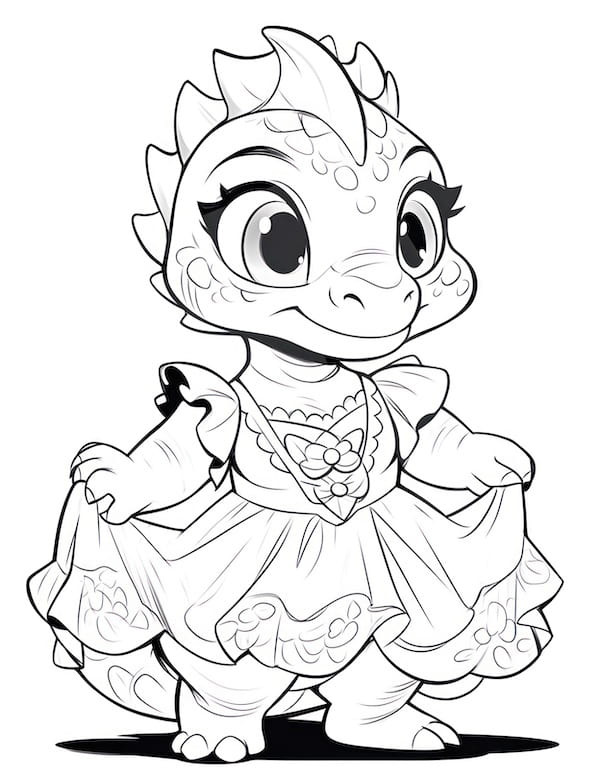 Baby dragon coloring page in a stylish dress design