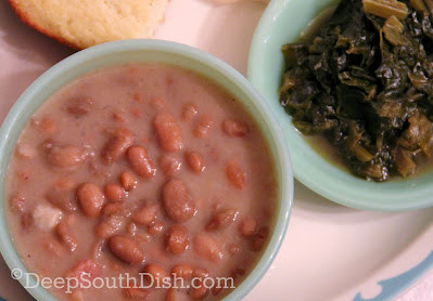 Close-up image of a bowl of old fashioned pinto beans with visible tender beans and broth
